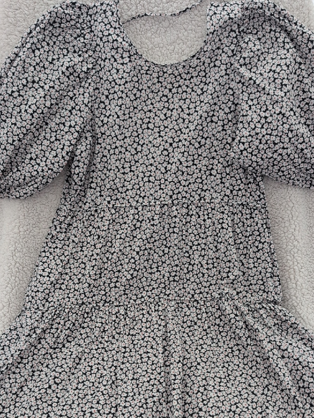 Floral Puff-Sleeve Tiered Mini Dress - Black & White